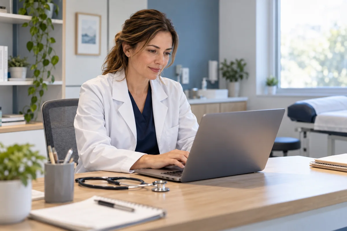 Profesional de salud trabajando con una computadora en un consultorio. Escena ilustrativa.